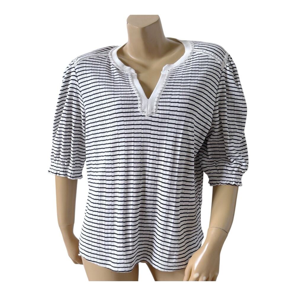 Democracy Top Womens XL White Black Striped Puff Sleeve Split Neck Stretch Shirt
